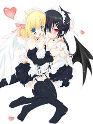  2girls bad_id bad_pixiv_id bare_shoulders black_hair black_legwear blonde_hair blue_eyes blush breasts eyepatch garter_straps hair_over_one_eye heart inose_riku looking_at_viewer maid maid_headdress multiple_girls original short_hair small_breasts thighhighs white_background white_wings wings 