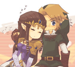  1boy belt blonde_hair blue_eyes brown_hair commentary_request couple earrings female gloves hat jewelry link long_hair pointy_ears princess_zelda sleeping straight the_legend_of_zelda the_legend_of_zelda:_twilight_princess tiara tsutsuji 