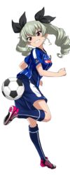  anchovy_(girls_und_panzer) ball blue_shorts blue_socks blush breasts cleats clothes_writing drill_hair eyebrows female from_side full_body girls_und_panzer grin j._league kneehighs leg_up long_hair looking_to_the_side medium_breasts mito_hollyhock parted_lips pink_footwear shiny_skin shoe_soles shoes shorts smile soccer soccer_ball soccer_uniform socks solo sportswear standing standing_on_one_leg teeth transparent_background tsurime twin_drills twintails v-shaped_eyebrows 