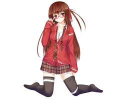  brown_hair glasses long_hair niboss original seifuku thighhighs white 