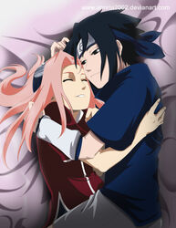  annria2002 couple cuddle cute naruto sakura_haruno smile uchiha_sasuke 