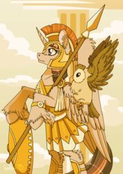  2015 alicorn armor avian bird cloudsdale duo equid equine feathered_wings feathers female feral friendship_is_magic galea hasbro hi_res horn inuhoshi-to-darkpen mammal melee_weapon monochrome my_little_pony mythological_creature mythological_equine mythology owl owlowiscious_(mlp) polearm sepia shield spear twilight_sparkle_(mlp) weapon wings 