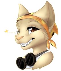  2015 anthro bandana big_ears brown_eyes clothed clothing digital_media_(artwork) eyewear felid female fur goggles grin kerchief looking_at_viewer mammal one_eye_closed simple_background smile solo tajaran taykoe white_background wink ziva_mo&#039;taki_ta&#039;kim 