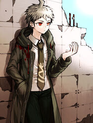  1boy ahoge bad_id bad_pixiv_id brown_hair cosplay danganronpa_(series) danganronpa_2:_goodbye_despair hinata_hajime hood hoodie jacket jewelry komaeda_nagito komaeda_nagito_(cosplay) male_focus necktie red_eyes ring short_hair spoilers zakki 