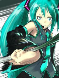  aqua_eyes aqua_hair armpits commentary_request detached_sleeves dokuromaru female foreshortening green_eyes green_hair hands hatsune_miku long_hair motion_blur necktie solo very_long_hair vocaloid 