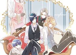  5boys apron arm_support azuki_nagamitsu_(touken_ranbu) black_necktie blue_eyes commentary_request couch crossed_arms crossed_legs daihannya_nagamitsu_(touken_ranbu) dress_shirt formal grey_hair hair_ornament hair_over_one_eye hair_ribbon hairclip half_updo hands_on_lap head_out_of_frame kenshin_kagemitsu kouryuu_kagemitsu long_hair long_sleeves looking_at_viewer male_focus multiple_boys necktie pinstripe_pattern red_shirt ribbon shirt shokudaikiri_mitsutada shuri_(84k) smile smirk striped touken_ranbu waistcoat 