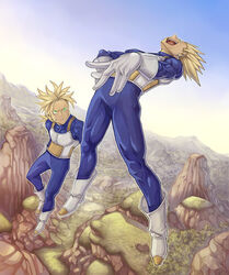  2boys arched_back armor blonde_hair boots commentary_request dragon_ball dragon_ball_z father_and_son flying gloves green_eyes hand_on_own_hip highres katsutake laughing leaning_back looking_down male_focus mountain multiple_boys muscular one_piece outdoors parody saiyan_armor sanpaku sky spiked_hair super_saiyan super_saiyan_1 sweatdrop trunks_(dragon_ball) trunks_(future)_(dragon_ball) vegeta white_footwear white_gloves 