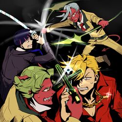  4boys ascot bad_id bad_pixiv_id battle belt blonde_hair blue_hair brothers buttons chains colored_skin cuffs demon_boy demon_tail dress_shirt dual_wielding duel formal genderswap_(ftm) glasses green_eyes green_hair grey_hair gun holding horns jenny_(praesepe) jewelry kneesocks_(psg) lens_flare male_focus multicolored_hair multiple_boys necklace necktie oerba_yun_fang pants panty_&amp;_stocking_with_garterbelt panty_(psg) pink_hair pointy_ears popped_collar purple_eyes red_skin rule_63 scanty_(psg) school_uniform scythe sharp_teeth shirt shoes short_hair siblings sideburns single_horn stocking_(psg) suit sweat sword tail teeth two-tone_hair unbuttoned weapon wings 