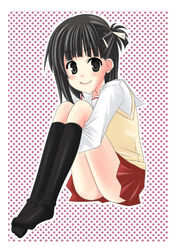  1boy aikawa_kizuna asymmetrical_hair black_eyes black_hair crossdressing crossdressing footwear full_body hair_ornament hairclip male_focus prunus_girl school_uniform sitting skirt smile socks solo sweater trap 