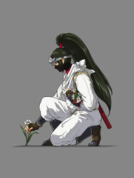  artist_request bouquet circlet clothing_request daffodil female fingerless_gloves flower from_side gloves green_hair grey_background headpiece high_ponytail holding holding_bouquet holding_flower japanese_clothes long_hair long_sleeves mask momiji_(ninja_gaiden) ninja ninja_gaiden ninja_gaiden_dragon_sword official_art on_one_knee orange_eyes picking_flowers ponytail profile simple_background solo sword sword_on_back very_long_hair weapon weapon_on_back white_flower 