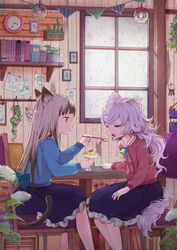  2girls analog_clock animal_ears bell blue_skirt book bottle bow brown_hair cat_ears cat_tail chair child&#039;s_drawing clock closed_eyes commentary drawing drawing_(object) feeding flower food frilled_skirt frills from_side green_eyes hand_on_lap hanging_light holding holding_spoon indoors key keyring leaning_forward long_hair long_sleeves looking_at_another messy_hair multiple_girls open_mouth original pennant pink_hair plant potted_plant profile pudding rain scenery shelf sitting skirt spoon string_of_flags sweater table tail tati_tachiko water_drop window wooden_wall yellow_eyes 