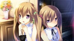  2girls brown_hair flowers game_cg kazato_asa kazato_yoru kono_oozora_ni_tsubasa_wo_hirogete long_hair purple_eyes ribbons twins twintails umbrella wet yashima_takahiro 