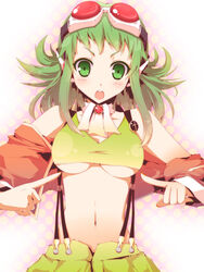  :o blush breasts commentary_request female goggles goggles_on_head green_eyes green_hair gumi gumi_(v3_megpoid) koumei_(harmonizer) large_breasts looking_at_viewer midriff navel photoshop_(medium) red-tinted_eyewear short_hair solo suspenders tinted_eyewear underboob vocaloid 