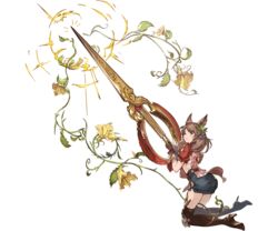  animal_ears ass brown_eyes brown_hair erune female flower full_body gloves granblue_fantasy hair_ornament kneeling la_coiffe_(granblue_fantasy) long_hair looking_at_viewer looking_back minaba_hideo miniskirt official_art puffy_sleeves scissors short_sleeves skirt solo thighhighs transparent_background 