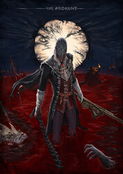  blood bloodborne corpse helmet highres hunter_(bloodborne) long_hair male_focus mask solo_focus the_old_hunters threaded_cane weapon white_hair 