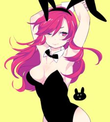  87banana animal_ears armpits arms_up black_bow black_hairband black_leotard blush bow breasts commentary_request erza_scarlet fairy_tail fake_animal_ears female hairband leotard long_hair looking_at_viewer medium_breasts one_eye_closed playboy_bunny rabbit_ears red_hair smile solo strapless strapless_leotard wrist_cuffs yellow_background 