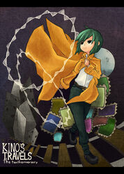  belt black_eyes bob_cut building coat commentary_request female green_hair highres jacket kino_(kino_no_tabi) kino_no_tabi letterboxed moon postage_stamp reverse_trap ryuuto_(ryutopia) short_hair solo 