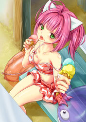  ahoge animal_ears bad_id bad_pixiv_id bikini blush breasts cat_ears female food green_eyes holding ice_cream ice_cream_cone innertube long_hair looking_at_viewer medium_breasts navel open_mouth photoshop_(medium) pink_hair sitting solo strap_slip striped_bikini striped_clothes swim_ring swimsuit tamashiro umi_monogatari urin_(umi_monogatari) 