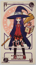  akamatsu_ken ayase_yue book braid broom card_(medium) character_name female hat hat_ribbon latin_text long_hair magic_circle mahora_academy_middle_school_uniform mahou_sensei_negima! official_art orbis_sensualium_pictus pactio plaid plaid_skirt purple_eyes purple_hair ribbon school_uniform skirt solo thighhighs translated twin_braids witch witch_hat zettai_ryouiki 