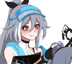  +_+ 2girls :p bare_shoulders black_gloves black_ribbon blue_headwear closed_mouth dual_persona eyeliner fingerless_gloves fu_hua fu_hua_(herrscher_of_sentience) fu_hua_(ooh!_summer!)_(herrscher_of_sentience) gloves grey_hair hair_between_eyes high_ponytail honkai_(series) honkai_impact_3rd long_hair makeup multicolored_hair multiple_girls official_alternate_costume on_head ponytail red_eyeliner red_eyes ribbon see-through simple_background smile solo_focus swimsuit tongue tongue_out tying_hair unfinished upper_body visor_cap white_background white_hair yellow_pupils yunomi_(yunomi_hs) 