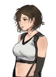  alternate_hair_length alternate_hairstyle black_hair black_undershirt breasts brown_eyes crop_top elbow_gloves female final_fantasy final_fantasy_vii final_fantasy_vii_rebirth final_fantasy_vii_remake gloves large_breasts looking_to_the_side navel pudelmudel short_hair simple_background solo suspenders tank_top tifa_lockhart undershirt white_background white_tank_top 