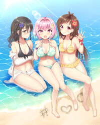  #unicus_(idolmaster) 3girls ahoge antenna_hair apple arm_under_breasts bare_legs barefoot beach bikini black_bikini black_hair blush breasts brown_hair cleavage day fingers_to_mouth flower food frilled_bikini frills fruit full_body green_bikini hair_flower hair_ornament hashtag heart highres idolmaster idolmaster_cinderella_girls large_breasts looking_at_viewer medium_breasts multiple_girls navel non-circular_lens_flare oerba_yun_fang outdoors pink_hair sand sand_writing seiza shallow_water sitting sitting_on_water skin_fang smile stomach sunazuka_akira sunlight swimsuit tsujino_akari water yellow_bikini yoshikita_popuri yumemi_riamu 