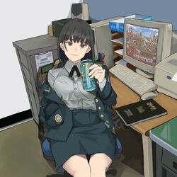  black_eyes black_hair blue_jacket blue_skirt book cabinet can chair computer computer_keyboard computer_mouse female grey_shirt hand_in_pocket heroes_of_might_and_magic highres holding holding_can jacket korean_text looking_at_viewer monitor monster_energy office office_chair original paper pencil pencil_skirt police police_uniform printer product_placement shirt short_hair sitting skirt solo speaker swivel_chair table uniform wani_(perfect_han) 