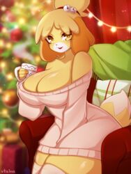  animal_crossing big_breasts biped blonde_hair breasts canid canine canis chair clothing domestic_dog fur furniture hair hi_res isabelle_(animal_crossing) legwear looking_at_viewer mammal nintendo shih_tzu sitting smile thick_thighs thigh_highs toy_dog vtalna1 yellow_body yellow_fur 