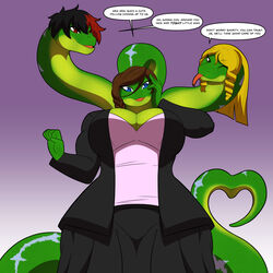  1:1 3_heads anthro apode ara_ara blonde_hair breasts brown_hair conjoined dialogue draconcopode english_text female gesture hair heart_gesture hi_res highlights_(coloring) legless lunis1992 mature_female multi_head naga reptile scalie serpentine snake speech_bubble tail tail_gesture tail_heart text 