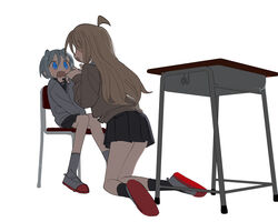  2girls aged_up ahoge alternate_hair_length alternate_hairstyle backlighting black_skirt black_socks blonde_hair blue_eyes blush brown_sweater chair desk face-to-face facing_another from_behind full_body grey_hair hair_horns hands_up height_difference highres kneeling kokaki_mumose long_hair long_sleeves multiple_girls nervous null-meta on_chair open_mouth pleated_skirt school_chair school_desk school_uniform serafuku shoes simple_background sitting skirt smile socks sweatdrop sweater takada_shiyuki uozumi_kurumi uwabaki v_arms white_background wide-eyed 