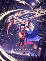  :d bamboo bandages bird black_gloves black_thighhighs blue_scarf chest_sarashi commentary commission elbow_gloves female fire_emblem fire_emblem:_radiant_dawn fire_emblem_heroes full_moon gloves hand_up highres japanese_clothes kimono long_hair looking_at_viewer magic_circle micaiah_(fire_emblem) moon night night_sky official_alternate_costume official_alternate_hairstyle open_mouth outdoors pink_kimono sarashi scabbard scarf scroll sheath sheathed short_kimono sky sleeveless sleeveless_kimono smile solo standing standing_on_one_leg sumustard sword thighhighs thighs very_long_hair weapon white_hair yune_(fire_emblem) 