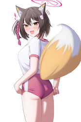  absurdres adjusting_buruma adjusting_clothes alternate_costume animal_ear_fluff animal_ears ass black_hair blue_archive blush buruma commentary_request cowboy_shot female fox_ears fox_hair_ornament fox_tail from_behind gym_uniform halo heart highres hinmyoi izuna_(blue_archive) looking_at_viewer looking_back oerba_yun_fang open_mouth pink_buruma pink_halo shirt short_hair short_sleeves simple_background skin_fang smile solo standing tail thighs white_background white_shirt yellow_eyes 