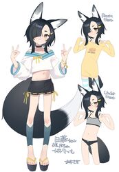  animal_ear_fluff animal_ears arms_up bare_shoulders black_choker black_hair black_panties black_shorts blush bow bow_bra bow_panties bra bra_strap brown_eyes character_name character_profile choker commentary english_text female flat_chest fox_ears fox_girl fox_shadow_puppet fox_tail grey_bra hair_ornament hair_over_one_eye highres horizontal-striped_thighhighs large_tail long_shirt long_sleeves looking_at_viewer midriff navel nichika_(owasaki) off-shoulder_shirt off_shoulder okobo original owasaki panties print_shirt reference_sheet ribbon-trimmed_clothes ribbon_trim sandals shirt short_eyebrows short_hair short_shorts shorts sidelocks smile standing striped_clothes striped_thighhighs tail thighhighs translation_request underwear underwear_only white_background 