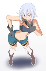  bike_shorts bike_shorts_under_shorts black_gloves black_sports_bra blue_shorts breasts brown_footwear chris_(konosuba) closed_mouth female full_body gloves highres kono_subarashii_sekai_ni_shukufuku_wo! looking_at_viewer midriff navel noyama_takenoko purple_eyes scar scar_on_face short_hair shorts simple_background small_breasts smile solo sports_bra thighhighs white_background white_hair white_thighhighs 