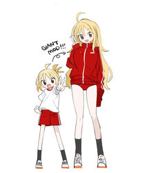  2girls absurdres aged_up ahoge alternate_costume arrow_(symbol) black_socks blonde_hair blush breasts buruma clenched_hand dual_persona english_text full_body gym_shorts gym_uniform hand_up height_difference highres jacket kokaki_mumose large_breasts long_hair long_sleeves looking_at_viewer multiple_girls null-meta open_mouth outstretched_arm red_buruma red_eyes red_shorts shirt shoes short_ponytail short_sleeves shorts side-by-side simple_background smile sneakers socks standing track_jacket turtleneck turtleneck_jacket uozumi_kurumi v v-shaped_eyebrows w white_background white_shirt 