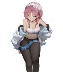  arknights blue_poison_(arknights) blue_poison_(shoal_beat)_(arknights) blue_shorts blush braid breasts choker cleavage closed_mouth commentary earrings female grey_eyes highres jacket jewelry large_breasts looking_at_viewer low_twin_braids off_shoulder official_alternate_costume panties panties_under_pantyhose pantyhose pink_choker pink_hair roupo99 shorts simple_background solo sports_bra twin_braids underwear undressing white_background white_hair white_jacket white_sports_bra 