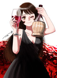  arm_up black_dress bottle breasts brown_hair chutohampa cleavage collarbone cup dress drinking_glass female halterneck highres holding holding_bottle holding_cup long_hair one_eye_closed original signature smile solo wine_bottle wine_glass 