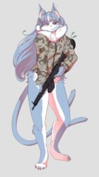  2023 4_toes 5_fingers anthro army_uniform black_nose blue_body blue_fur blue_hair claws clothed clothing domestic_cat feet felid feline felis female fingers fur grey_background gun hair heterochromia hi_res hk416 inner_ear_fluff japan_air_self-defense_force kemono looking_at_viewer male_(lore) mammal murzikteijiro omaneko_(jasdf) paws ranged_weapon rifle simple_background solo toe_claws toes tuft weapon white_body white_fur 