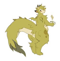  2019 ambiguous_gender anthro big_tail black_ears coffee_cup container countershading cup digital_media_(artwork) dragon female_(lore) full-length_portrait fur furred_dragon furred_scalie green_body green_fur green_hair green_wings hair holding_coffee_cup holding_container holding_cup holding_object horn kali_(thorn_paw) looking_back multicolored_horn mythological_creature mythological_scalie mythology portrait scalie simple_background solo spiked_tail spikes spikes_(anatomy) standing tail tail_tuft tan_body tan_countershading tan_face tan_horn thorn_paw tuft two_tone_horn white_background wings 