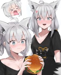  absurdres ahoge anger_vein animal_ears aqua_eyes black_shirt blush braid breasts burger casual cleavage crossed_bangs eating embarrassed female food fox_ears fox_girl grey_hair hair_between_eyes hair_rings highres hoangryu hololive looking_at_viewer medium_breasts multiple_views nejima_kitsune_(shirakami_fubuki) official_alternate_costume open_mouth projected_inset shirakami_fubuki shirakami_fubuki_(loungewear) shirt simple_background smile teeth tongue tongue_out twin_braids twintails v-neck virtual_youtuber 