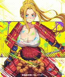  armor beatrix_amerhauser blonde_hair blue_eyes blue_gloves breasts cleavage closed_mouth collarbone dual_wielding elbow_gloves english_commentary female gloves hair_pulled_back high_ponytail highres holding holding_sword holding_weapon japanese_armor jk_arts katana kote kusazuri large_breasts long_hair looking_at_viewer orange_rope paint_splatter ponytail rope serious sidelocks signature solo sword tank_top torn_clothes torn_tank_top weapon white_tank_top zom_100:_zombie_ni_naru_made_ni_shitai_100_no_koto 