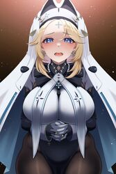  arms_under_breasts black_robe blonde_hair blue_eyes blush bodystocking bracelet braid breasts cross cross_earrings cross_necklace cross_tattoo earrings facial_mark female forehead_mark forehead_tattoo goddess_of_victory:_nikke habit highres interlocked_fingers jewelry large_breasts legwear_garter long_hair looking_at_viewer milmil7 necklace nun open_mouth own_hands_together rapunzel_(nikke) robe solo thighhighs very_long_hair white_robe white_thighhighs white_veil 