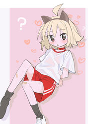  :o ? ahoge alternate_costume animal_ear_hairband animal_ears arms_behind_back bandaid bandaid_on_knee bandaid_on_leg black_socks blonde_hair blush border bound bound_arms cat_ear_hairband cat_ears collar commentary_request fake_animal_ears female full_body gym_shorts gym_uniform hairband heart highres kokaki_mumose looking_at_viewer loose_socks null-meta outside_border pink_background red_collar red_eyes red_shorts shirt shoes short_hair short_sleeves shorts simple_background single_shoe socks solo sweat uozumi_kurumi wet wet_clothes wet_shirt white_border white_shirt 