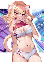  animal_ear_fluff animal_ears bare_arms bare_shoulders blonde_hair breasts buruma cat_ears cat_girl cat_tail checkered_clothes commentary cowboy_shot crop_top facial_mark female hand_up highres long_hair looking_at_viewer medium_breasts midriff navel open_mouth race_queen red_eyes shyrei_faolan simple_background sleeveless solo squchan standing stomach tail two_side_up virtual_youtuber vyugen whisker_markings white_background 