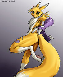  2023 ambiguous_gender angrycontra anthro armwear ass bandai_namco black_sclera blue_eyes canid canine clothing digimon digimon_(species) digital_media_(artwork) elbow_gloves fox fox_tail fur gloves handwear hi_res looking_at_viewer mammal markings nude purple_markings renamon simple_background solo tail white_body white_fur yellow_body yellow_fur 