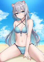  :o absurdres animal_ears aone_ioru beach bikini blue_bikini blue_eyes blue_sky blush breasts cleavage cloud collarbone commentary_request commission day female grey_hair hamster_ears hamster_girl henria highres indie_virtual_youtuber long_hair looking_at_viewer navel ocean outdoors parted_lips sand second-party_source sitting skeb_commission sky solo swimsuit virtual_youtuber 