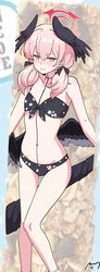  3: absurdres bikini black_choker black_wings blue_archive blush bolt_action choker collarbone commentary_request feathered_wings female floral_print gun hair_between_eyes halo hat head_wings highres koharu_(blue_archive) koharu_(swimsuit)_(blue_archive) long_hair looking_at_viewer majinmallow navel official_alternate_costume p14_enfield photo_background pink_eyes print_bikini rifle sidelocks solo stomach swimsuit twintails weapon wings 