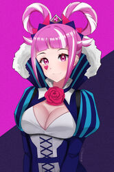  absurdres bad_id bad_pixiv_id breasts cross-laced_clothes cross-laced_dress dress facial_mark female fire_emblem fire_emblem_engage flower folded_twintails hair_flaps hair_rings heart heart_facial_mark highres hortensia_(fire_emblem) iskandariis medium_breasts multicolored_hair pink_eyes pink_hair red_flower red_rose rose sidelocks solo striped_clothes striped_dress tiara two-tone_hair upper_body vertical-striped_clothes vertical-striped_dress 