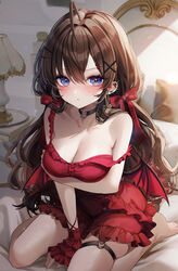  absurdres ahoge arm_support arm_under_breasts bare_shoulders bed_sheet black_choker blue_eyes blush bow breasts brown_hair choker cleavage closed_mouth collarbone demon_wings desk_lamp dot_nose dress ear_piercing fake_wings female frilled_dress frills garter_straps hair_between_eyes hair_ornament hair_ribbon hairbow hairclip heart heart_choker highres ichinose_shiki idolmaster idolmaster_cinderella_girls idolmaster_cinderella_girls_starlight_stage indoors kudou_(sikisiki0000) lamp long_hair looking_at_viewer medium_breasts on_bed piercing pillow rainbow_gradient red_dress red_ribbon red_scrunchie ribbon scrunchie single_garter_strap sitting sleeveless sleeveless_dress solo strap_slip sweat sweatdrop wariza wavy_hair wings wrist_scrunchie x_hair_ornament 