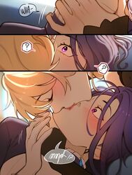  2girls ? blonde_hair blue_hair blush clorinde_(genshin_impact) closed_eyes dark_blue_hair genshin_impact highres kissing multiple_girls navia_(genshin_impact) purple_eyes spoken_question_mark surprise_kiss surprised upside-down_kiss wiistef yuri 